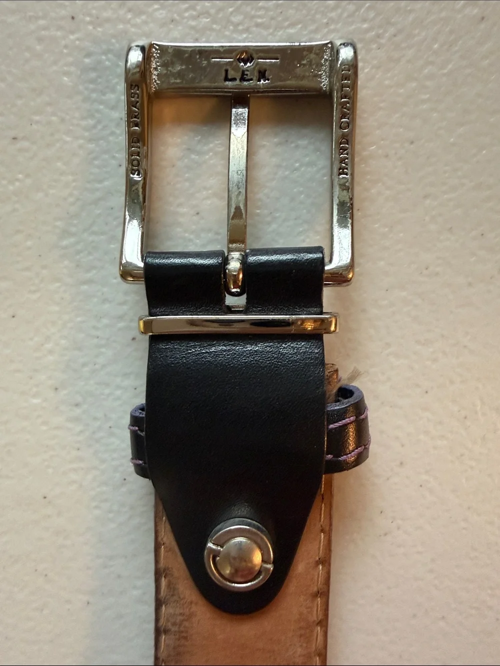 L.E.N. Black Leather Belt with Pink Contrast Stitching 40 inches
